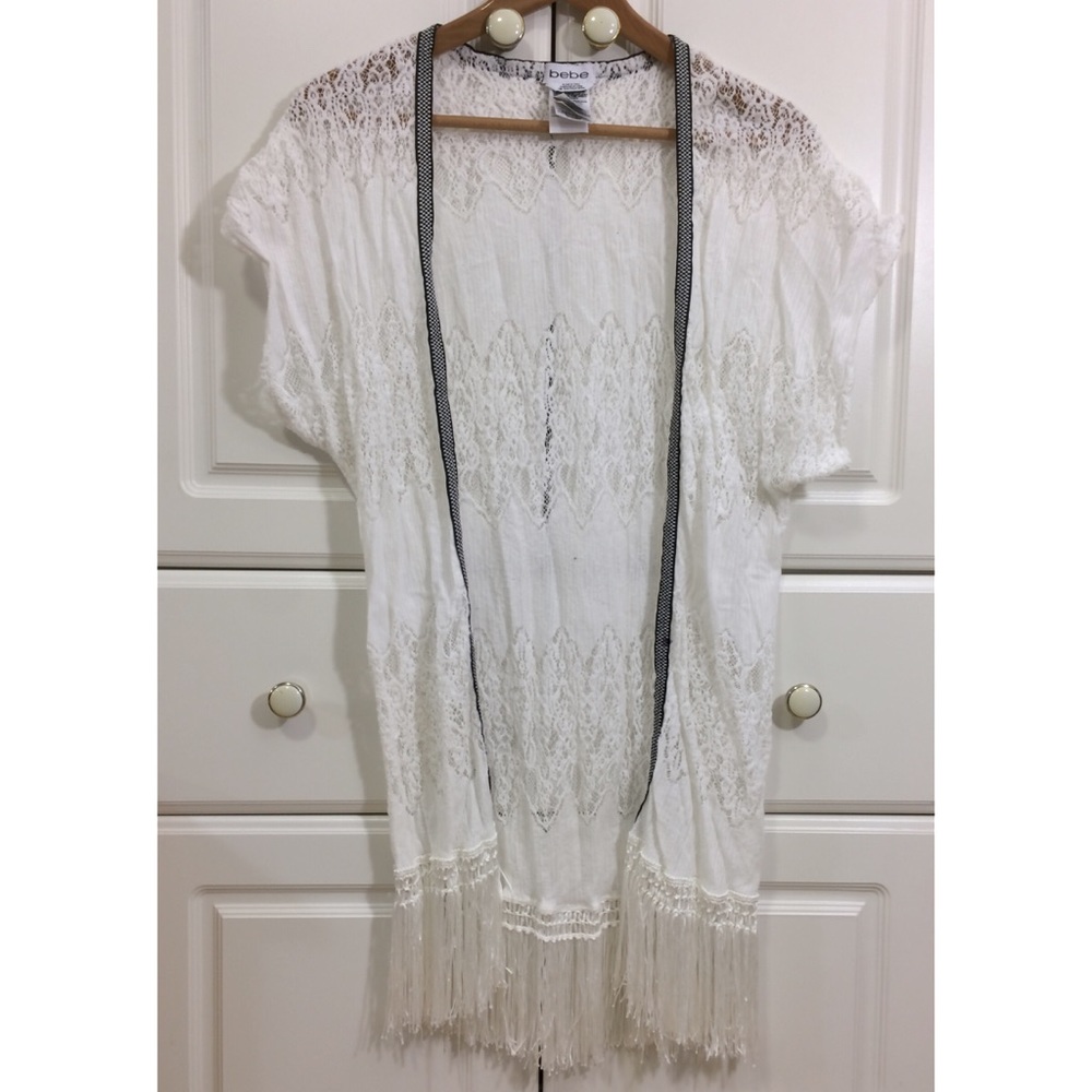 Bebe white lace crochet kimono top